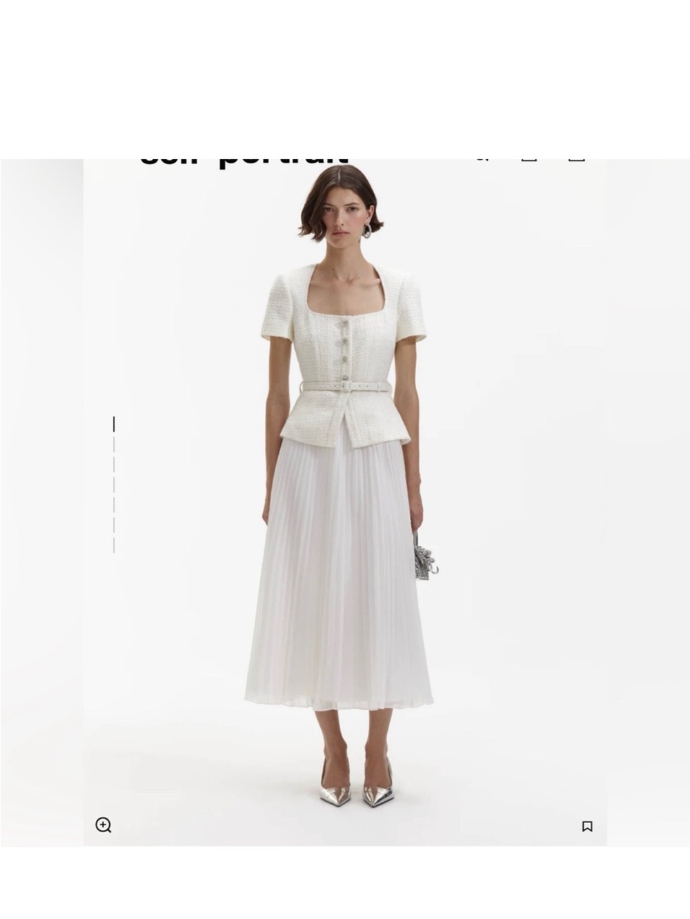 Self-Portrait Ivory Textured Peplum Top with White Pleated Midi Skirt